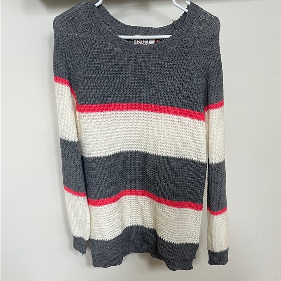 Gray and White Striped Sweater with Pink Accents - Picture 1 of 4